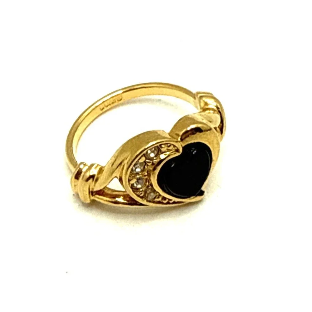 Vintage 1993 Avon Genuine Onyx Heart Ring Gold Tone Rhinestone Accent Sz 5
